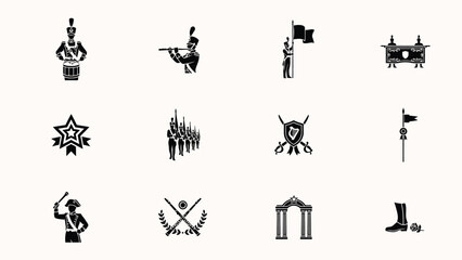 Set of marching band and musical performance icons featuring instruments and musicians. © Somiran