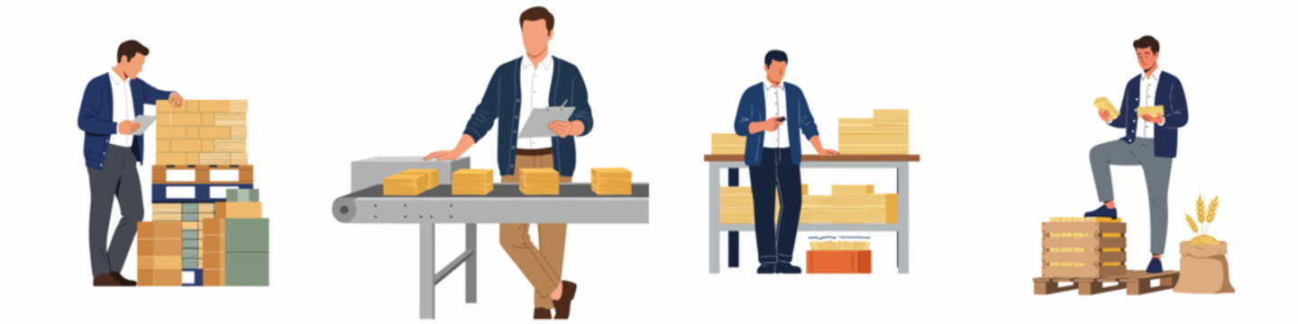 A set of professional illustrations depicting warehouse workers and supervisors managing inventory, production, and distribution in a food manufacturing facility.
