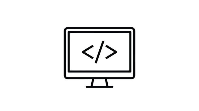 Programming code icon on computer monitor, minimalist software development vector, digital screen with coding brackets symbol