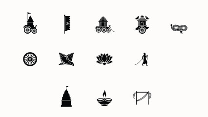 Obraz premium Hinduism religious symbols black color flat icons set with white background minimal design.