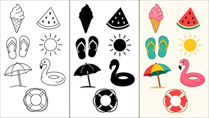 Obraz premium Collection of colorful summer icons for beach vacation and relaxation
