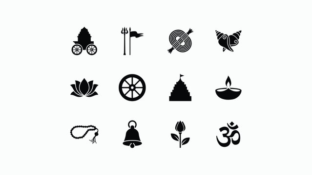 Hinduism religious symbols black color flat icons set with white background minimal design.