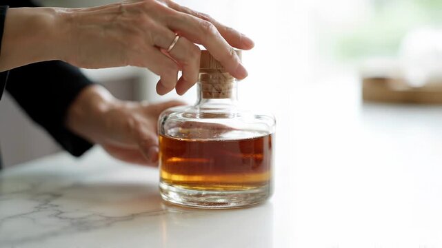 Hand of a woman placing a cork stopper on a glass decanter filled with amber liquid on a marble countertop in a bright kitchen setting