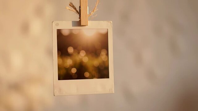Hanging photo frame with blurred background of golden bokeh lights, showcasing a warm sunlight glow, captured in a cozy indoor setting with soft textures