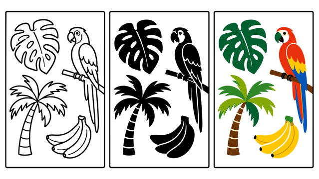 Colorful tropical parrot with palm tree and bananas, jungle leaf illustration