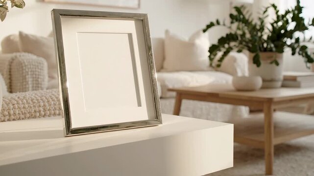 Elegant empty picture frame on a modern coffee table in a cozy living room with soft furnishings and indoor plants creating a warm atmosphere