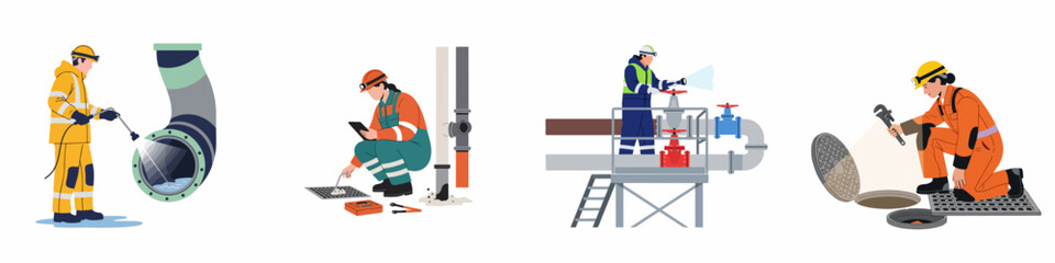 Naklejka premium Collection of industrial workers performing maintenance, inspection, and repair on sewer, water, and plumbing systems in various urban utility environments.