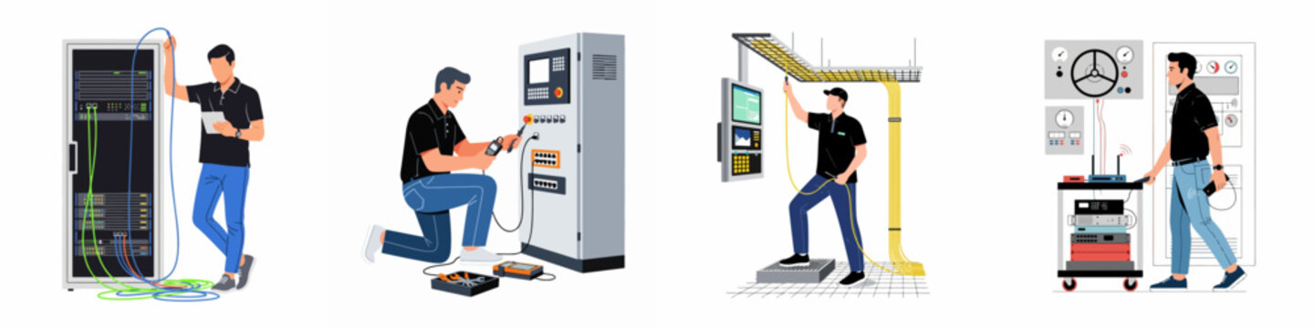 Professional technicians and IT specialists working on server racks and industrial control panels in various technical environments, flat vector illustration.