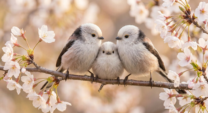 Happy bird family perched together