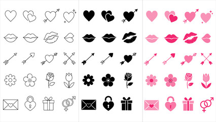 Fototapeta premium Collection of romantic icons including hearts, lips, flowers, and gifts
