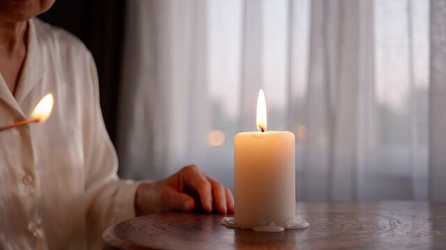 Woman in white shirt lights a candle with a matchstick, capturing the moment of ignition and the warm glow of the flame in a softly lit indoor setting