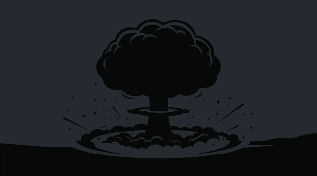 Nuclear explosion mushroom cloud silhouette, atomic bomb blast vector illustration, dark apocalyptic war scene with smoke and debris
