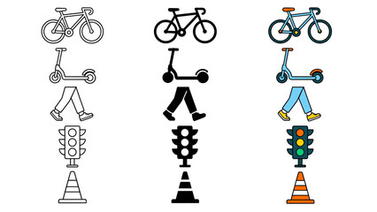 Obraz premium Icons representing different modes of urban transportation and traffic signals
