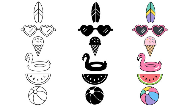 Collection of colorful summer icons including surfboard, sunglasses, ice cream, and flamingo float
