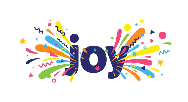 Joy Word Typography with Colorful Burst of Festive Confetti and Abstract Splashes on White Background