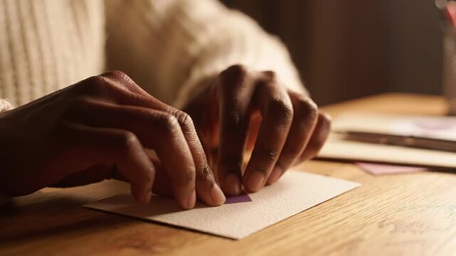 Hands of a Black woman carefully placing a purple heart sticker onto a blank greeting card on a wooden table with craft supplies and soft lighting in the background