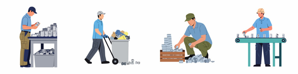 Fototapeta premium Set of male workers engaged in metal recycling processes including sorting, collecting, and processing aluminum cans on a conveyor belt.