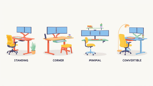 Minimal Ergonomic Home Office Line Art Vector Set &ndash; Dual Vertical Monitor Workspace Elements