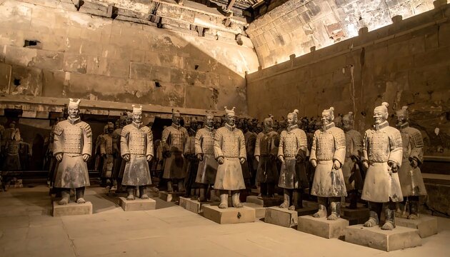 Ancient Terracotta Warrior Statues Standing in Dimly Lit Excavation Hall