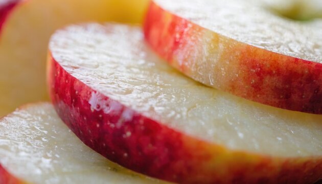 Close-up of juicy red apple slices with water droplets, highlighting freshness and texture.