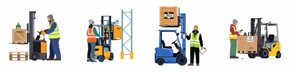 Warehouse workers operating forklifts and reach trucks to move wooden crates of flavoring oils, isolated on white background. © Rizki