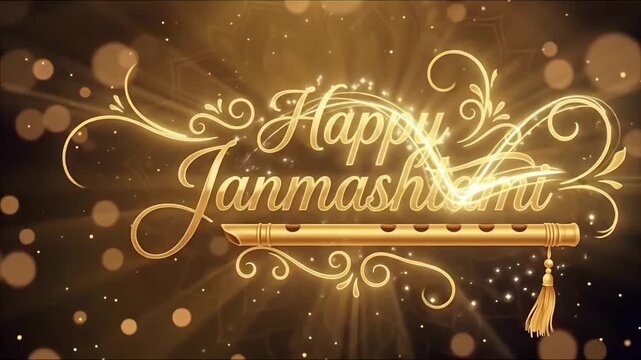 Golden Janmashtami greeting animation with Krishna flute peacock feather and festive sparkling background