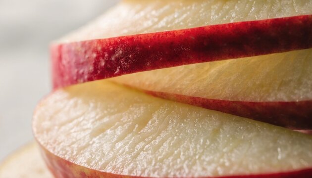Close-up of thinly sliced red apple with visible texture and glistening moisture on the surface.