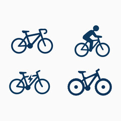 Obraz premium Four Dark Blue Bicycle Vector Illustrations Depicting Various Bike Styles And Rider Positions bikes cycling pedal transportation