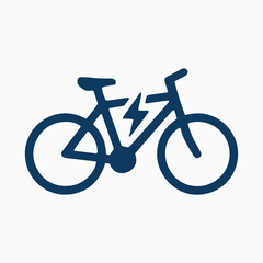 Fototapeta premium Electric bicycle vector illustration depicts a dark blue simplified two wheeled vehicle with a lightning bolt symbol