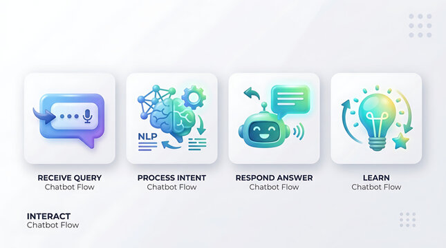 A chatbot interaction sequence illustrating receive query, process intent, respond answer, and learn steps on a digital interface with icons