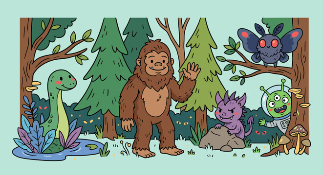 Cute mythical creatures and cryptids gathered in a whimsical forest setting