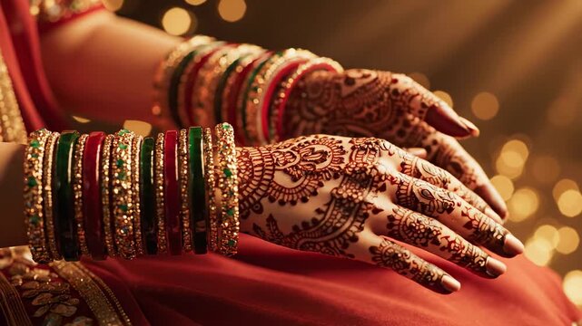 Intricate Henna Hand Ornaments on Bride's Fingers During Indian Wedding Ceremony with Soft Bokeh Lights