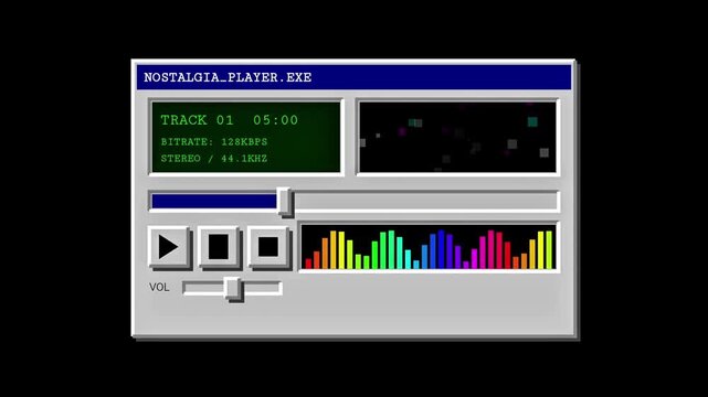 Retro 90s computer media player with digital display and colorful equalizer