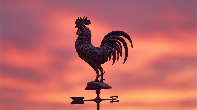 Rooster Weathervane at Sunrise: A silhouetted rooster weathervane stands proudly against a vibrant sunrise sky painted with hues of pink and orange, signaling the start of a new day.