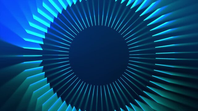Aqua Radiant Aperture abstract background with glowing cyan rays spinning around a deep circular core, futuristic teal tunnel motion graphic for scifi titles and vj loops