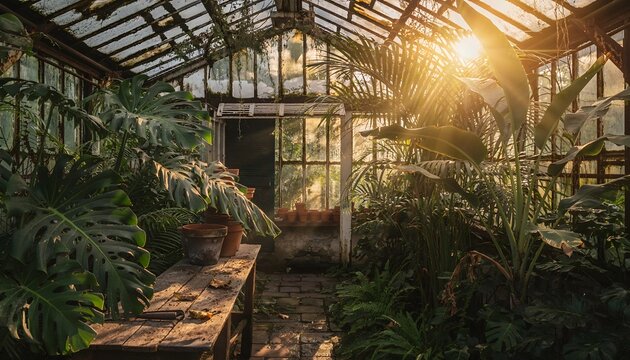 Interior of a vintage glass greenhouse filled with overgrown tropical plants under warm afternoon sunlight filtering through old window frames creating dramatic moody shadows