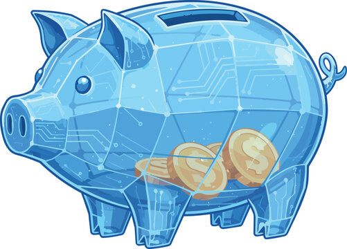 Piggy bank icon made of translucent blue high-tech material representing digital savings cryptocurrency wallet secure banking and future financial investment