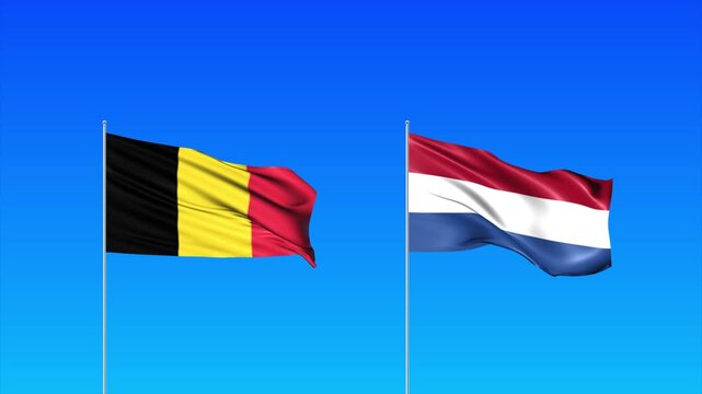 Belgium and Netherlands Flags Animation Loop, Waving National Flags Background