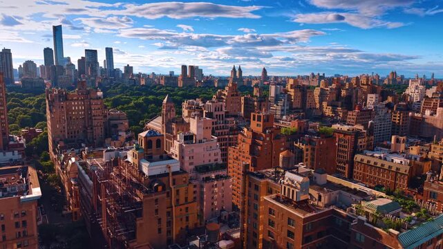 Sunset light over residential buildings, New York City. Elevated angle displaying warm illumination on brownstone facades, classic brick architecture and green trees under a bright sky.
