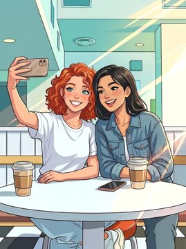 Anime style illustration of two happy young female friends taking a selfie with a smartphone in a bright sunlit cafe