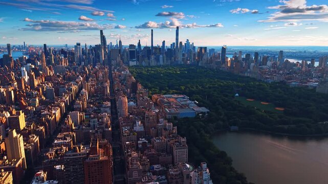 Central Park and Upper West Side, New York City. Drone panorama at golden hour with warm light on residential towers and green canopy.