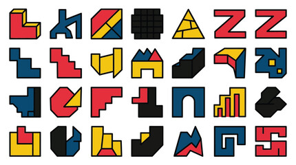 Fototapeta premium Abstract geometric shapes set featuring colorful flat icons with bold black outlines for graphic design projects
