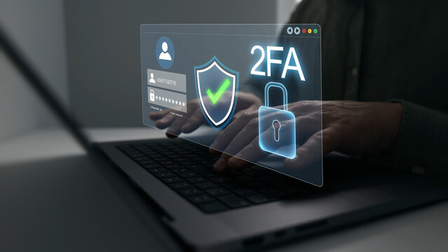 Secure 2FA authentication concept with verification, password protection and cybersecurity technology. Safe digital login access for online accounts, privacy and data security.