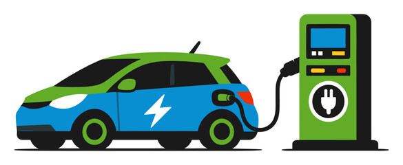 Naklejka premium Electric vehicle (EV) charging at a dedicated station, symbolizing green transport, future energy, and environmental sustainability