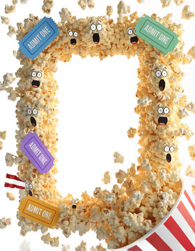 Funny popcorn cinema photo frame with surprised faces and movie tickets