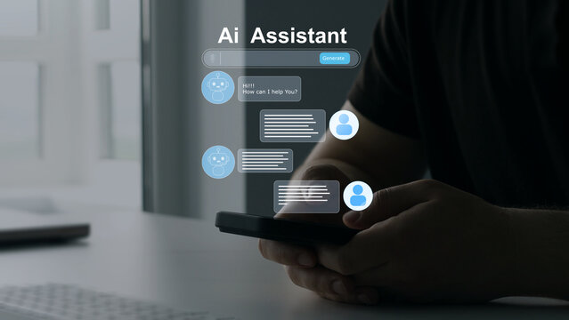 Online support Chatbot Assistant conversation. Virtual assistant, artificial intelligence Bot and CRM software automation technology. Customer person using chat service to get support.	

