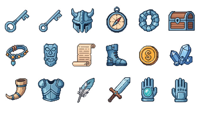 This vector illustration features a collection of eighteen blue-toned pixel art icons representing various fantasy RPG equipment and quest items.