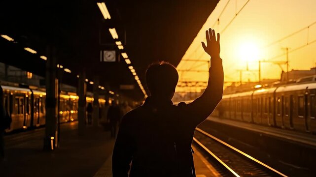 Silhouette of person waving goodbye at a train station during sunset.