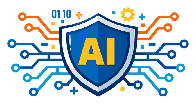 Artificial intelligence security shield protecting data, with circuit lines, binary code, and a cogwheel showing digital defense