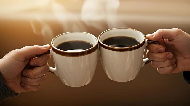 Two hands holding steaming cups of coffee in a warm, inviting scene.